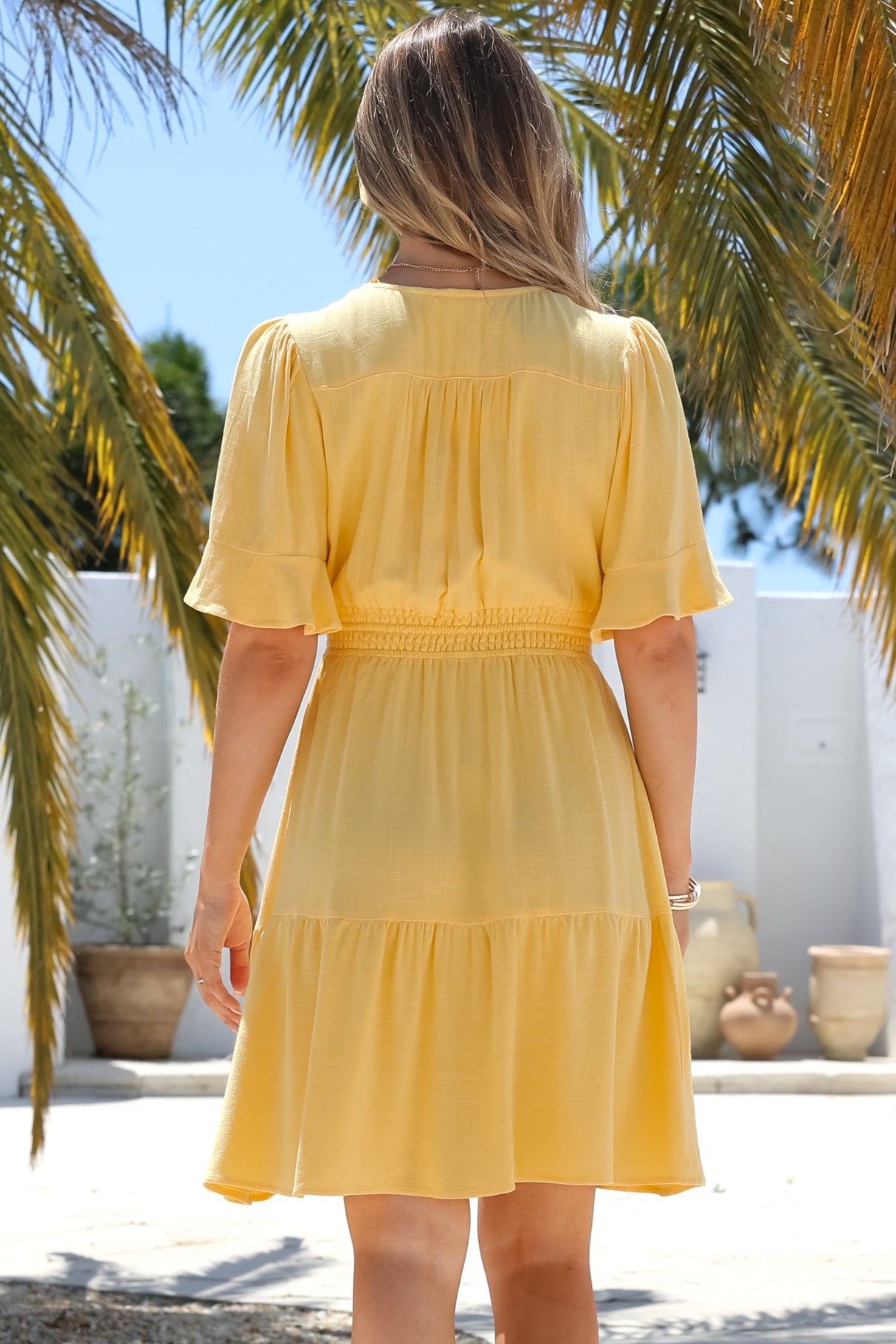 Truese Mini Dress - A-Line Dress with Short Ruffle Sleeves in Lemon