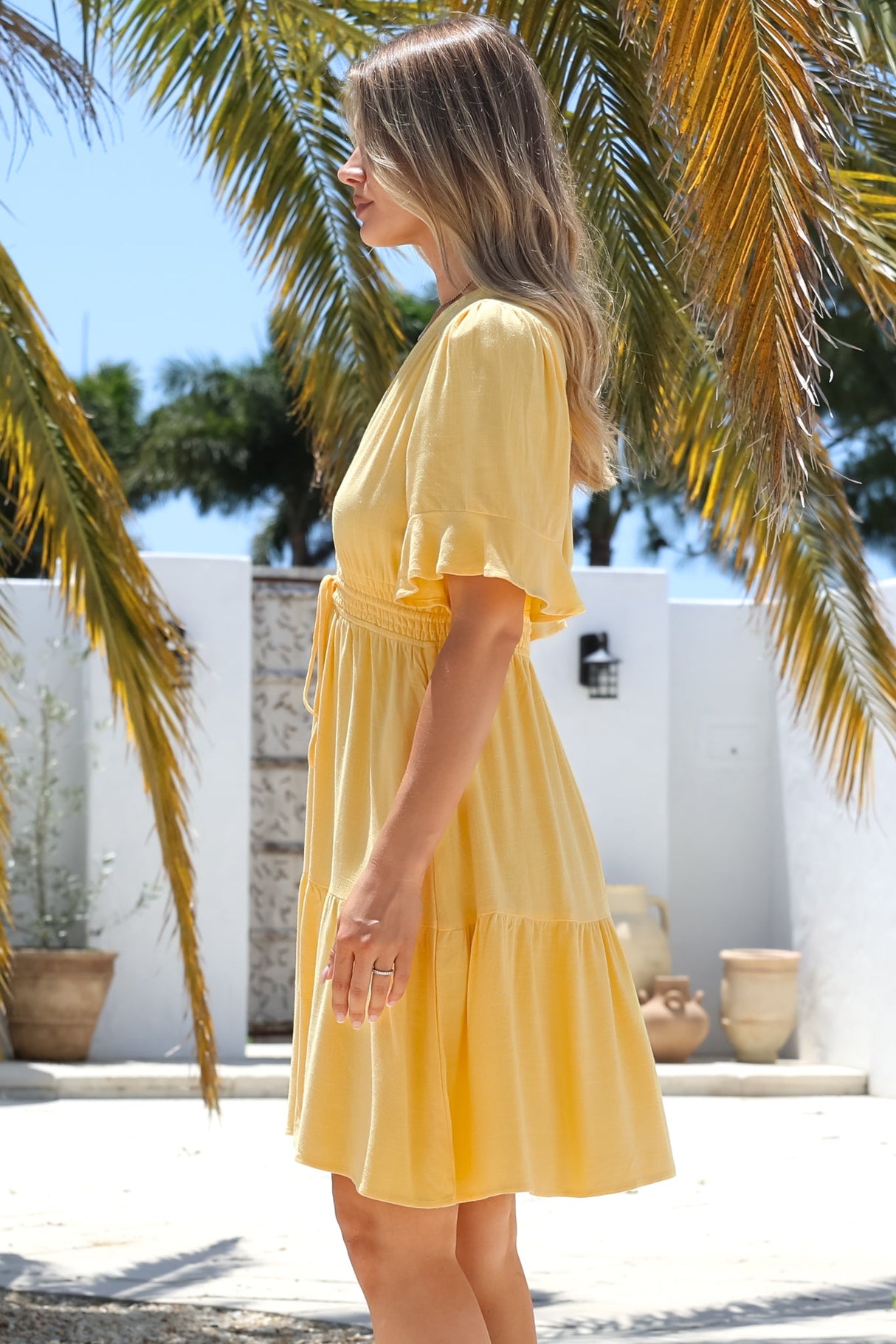 Truese Mini Dress - A-Line Dress with Short Ruffle Sleeves in Lemon
