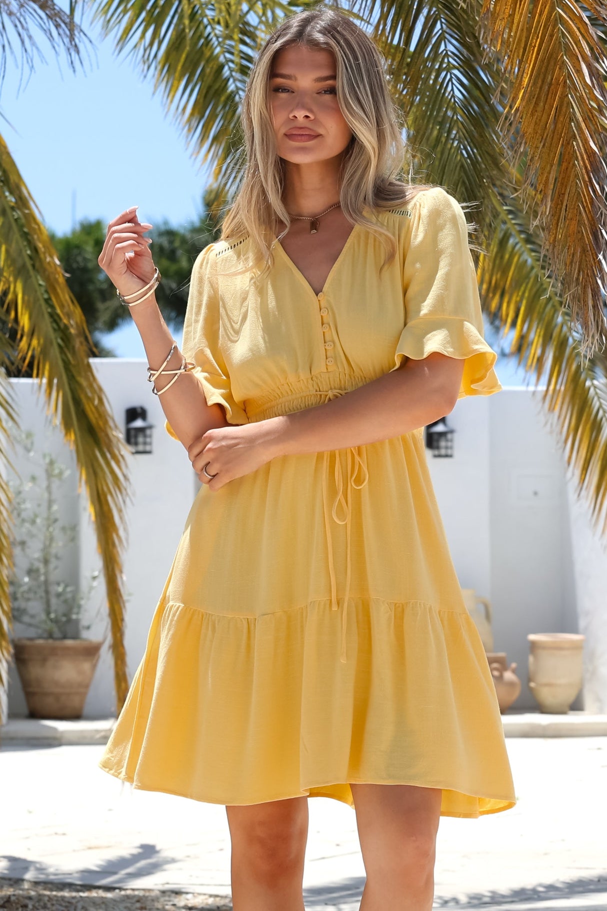 Truese Mini Dress - A-Line Dress with Short Ruffle Sleeves in Lemon