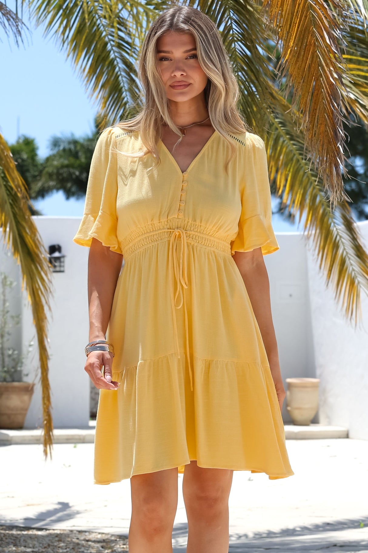 Truese Mini Dress - A-Line Dress with Short Ruffle Sleeves in Lemon