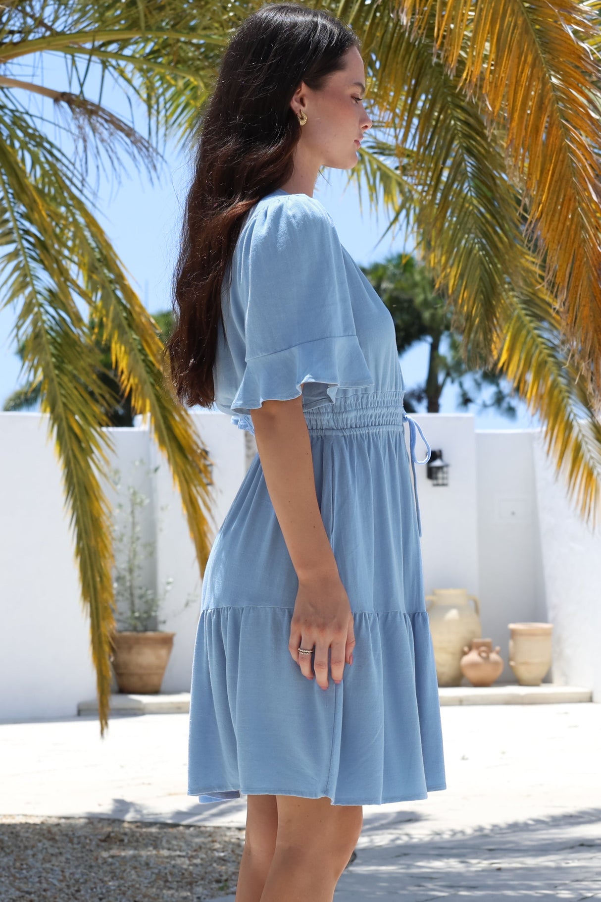 Truese Mini Dress - A-Line Dress with Short Ruffle Sleeves in Light Blue