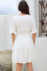 Truese Mini Dress - A-Line Dress with Short Ruffle Sleeves in White
