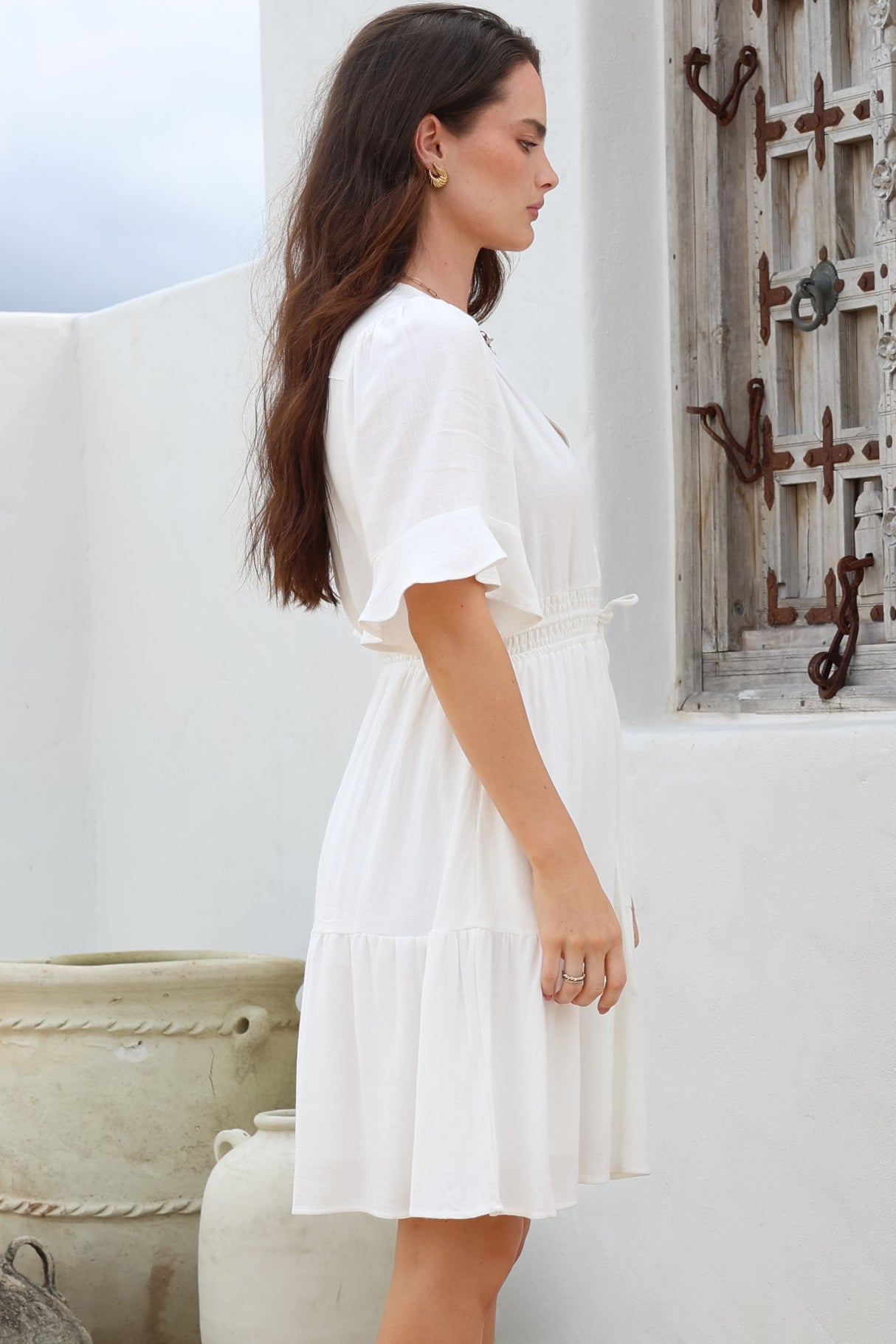 Truese Mini Dress - A-Line Dress with Short Ruffle Sleeves in White