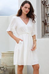 Truese Mini Dress - A-Line Dress with Short Ruffle Sleeves in White