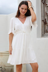 Truese Mini Dress - A-Line Dress with Short Ruffle Sleeves in White