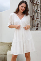 Truese Mini Dress - A-Line Dress with Short Ruffle Sleeves in White