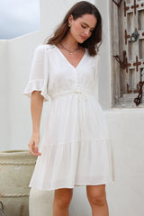 Truese Mini Dress - A-Line Dress with Short Ruffle Sleeves in White