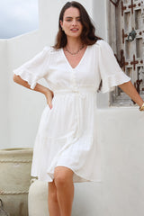 Truese Mini Dress - A-Line Dress with Short Ruffle Sleeves in White
