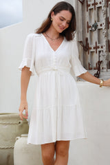 Truese Mini Dress - A-Line Dress with Short Ruffle Sleeves in White