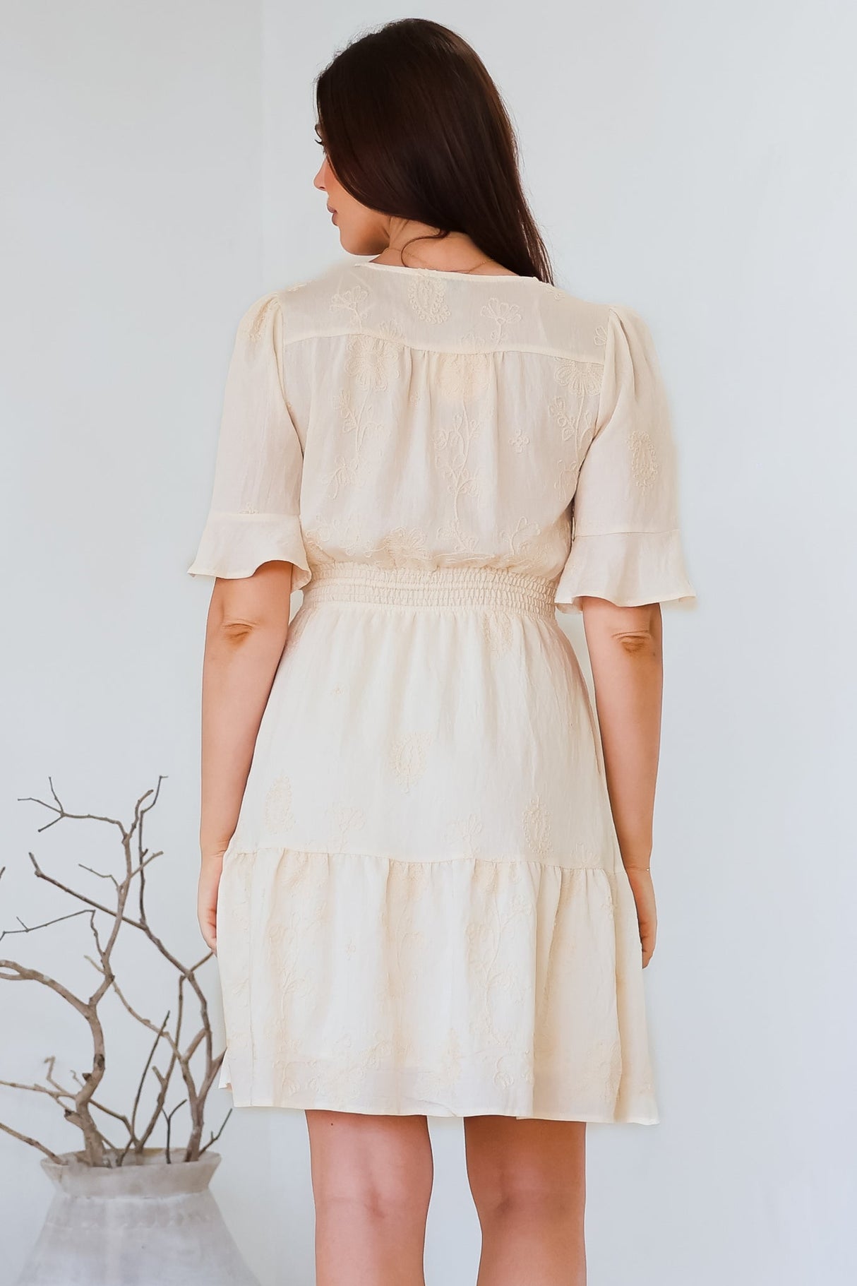 Truese Mini Dress - A-Line Dress with Short Ruffle Sleeves in Cream Embroidery