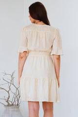 Truese Mini Dress - A-Line Dress with Short Ruffle Sleeves in Cream Embroidery