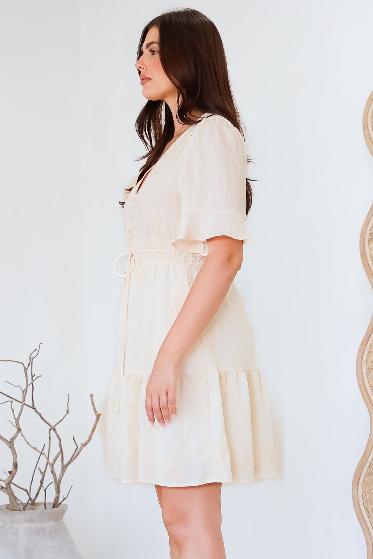 Truese Mini Dress - A-Line Dress with Short Ruffle Sleeves in Cream Embroidery