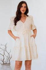 Truese Mini Dress - A-Line Dress with Short Ruffle Sleeves in Cream Embroidery
