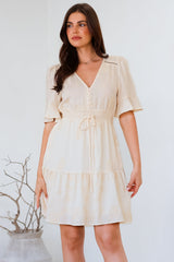Truese Mini Dress - A-Line Dress with Short Ruffle Sleeves in Cream Embroidery