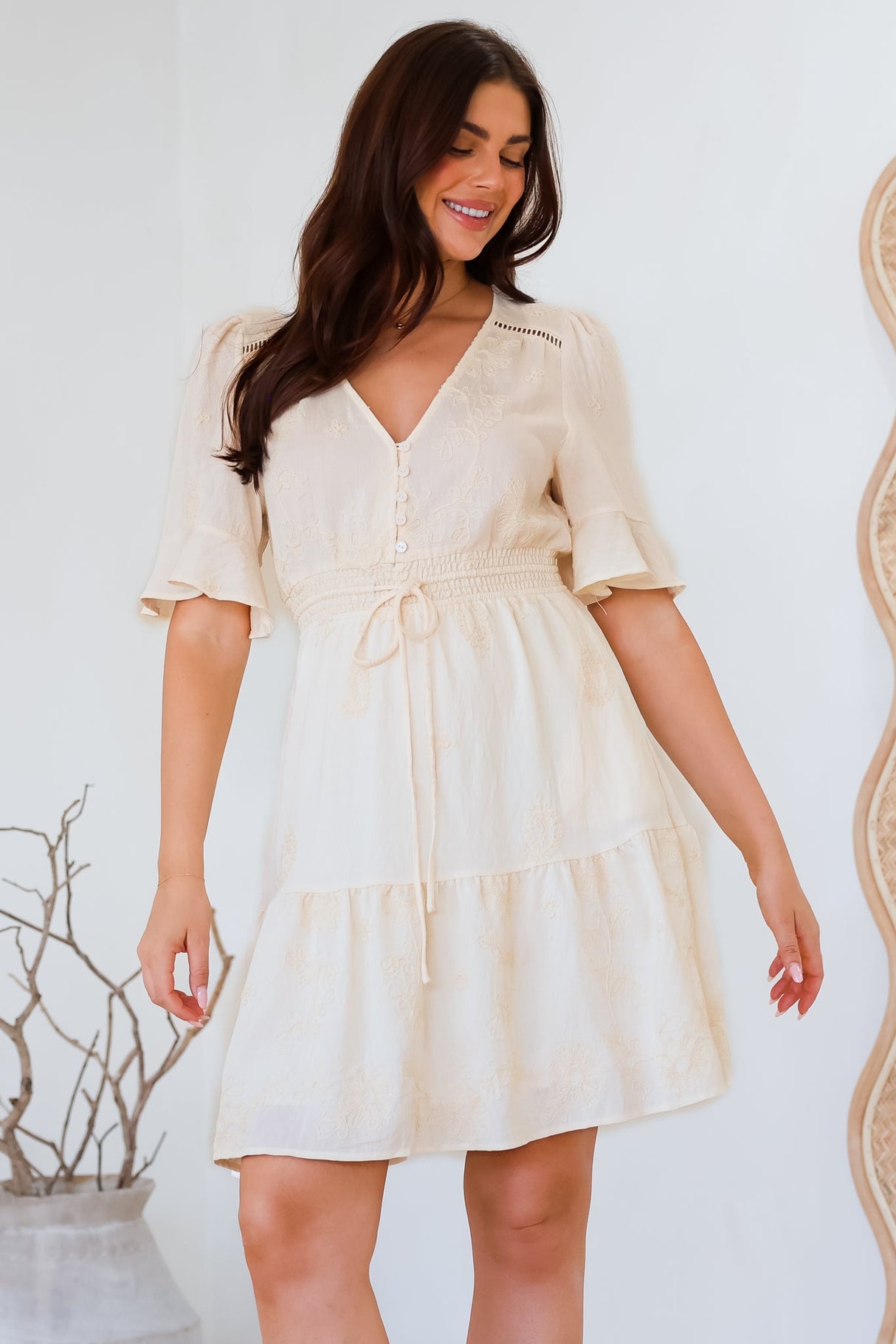 Truese Mini Dress - A-Line Dress with Short Ruffle Sleeves in Cream Embroidery