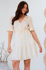 Truese Mini Dress - A-Line Dress with Short Ruffle Sleeves in Cream Embroidery