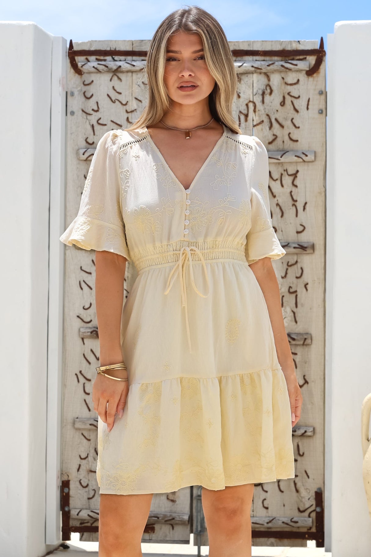 Truese Mini Dress - A-Line Dress with Short Ruffle Sleeves in Cream Embroidery
