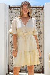 Truese Mini Dress - A-Line Dress with Short Ruffle Sleeves in Cream Embroidery