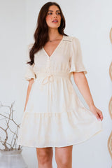 Truese Mini Dress - A-Line Dress with Short Ruffle Sleeves in Cream Embroidery