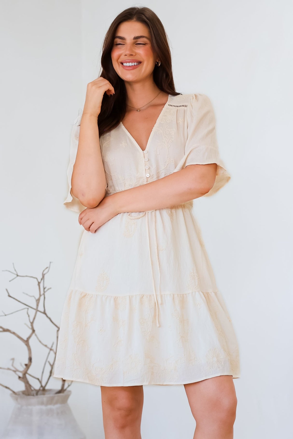 Truese Mini Dress - A-Line Dress with Short Ruffle Sleeves in Cream Embroidery