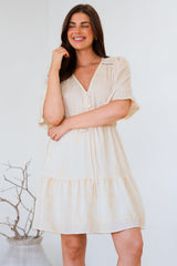Truese Mini Dress - A-Line Dress with Short Ruffle Sleeves in Cream Embroidery