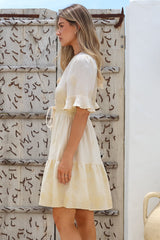Truese Mini Dress - A-Line Dress with Short Ruffle Sleeves in Cream Embroidery