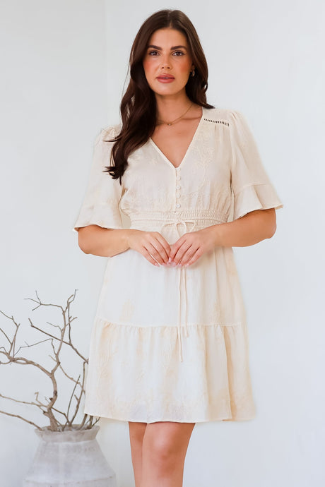 Truese Mini Dress - A-Line Dress with Short Ruffle Sleeves in Cream Embroidery