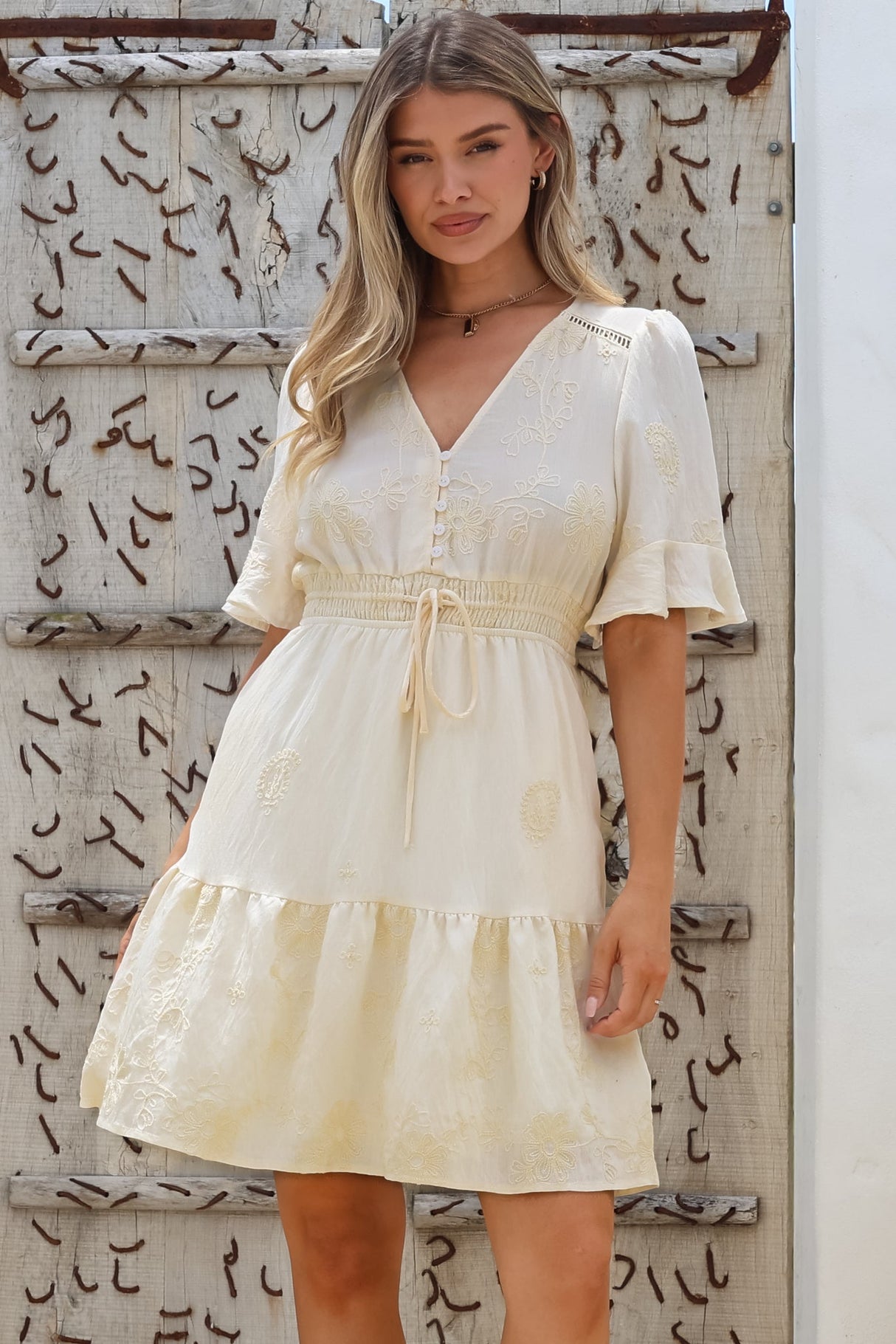 Truese Mini Dress - A-Line Dress with Short Ruffle Sleeves in Cream Embroidery