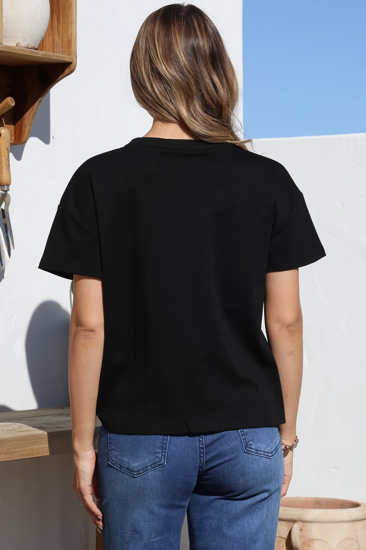Tuck T-Shirt - Round Neckline Cotton Tee with Gathered Front Detail in Black