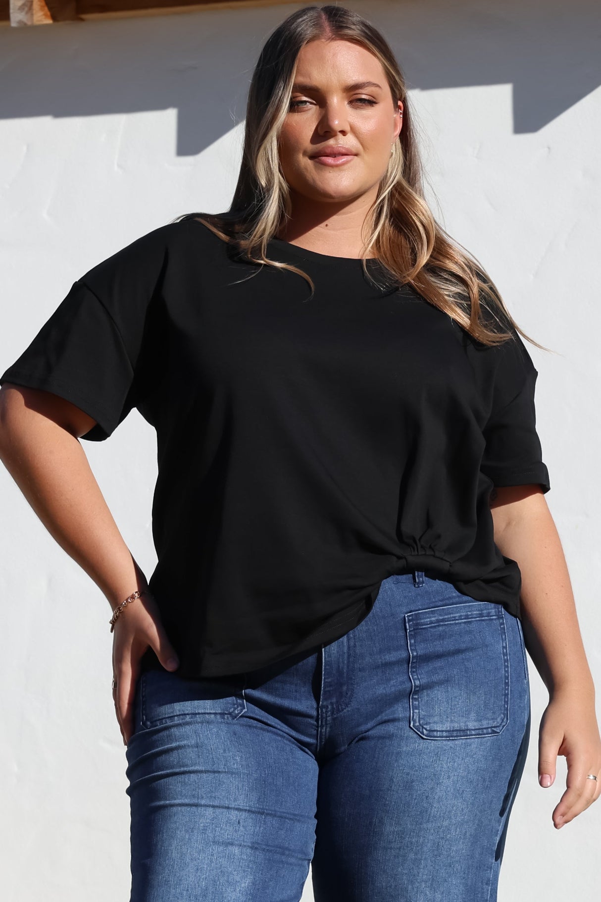Tuck T-Shirt - Round Neckline Cotton Tee with Gathered Front Detail in Black