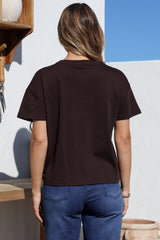 Tuck T-Shirt - Round Neckline Cotton Tee with Gathered Front Detail in Chocolate