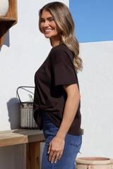 Tuck T-Shirt - Round Neckline Cotton Tee with Gathered Front Detail in Chocolate