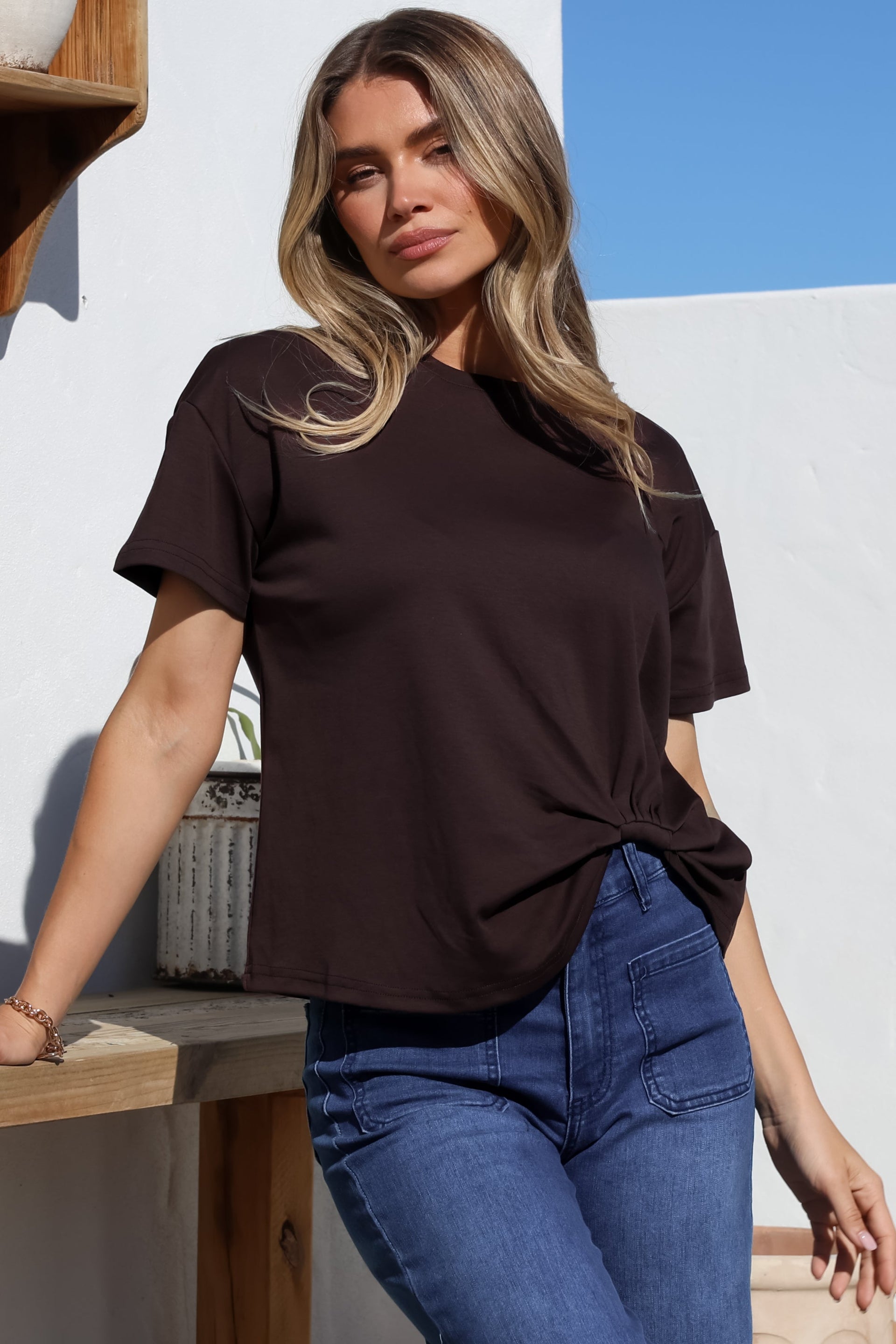 Tuck T Shirt Round Neckline Cotton Tee Gathered Front Detail Chocolate