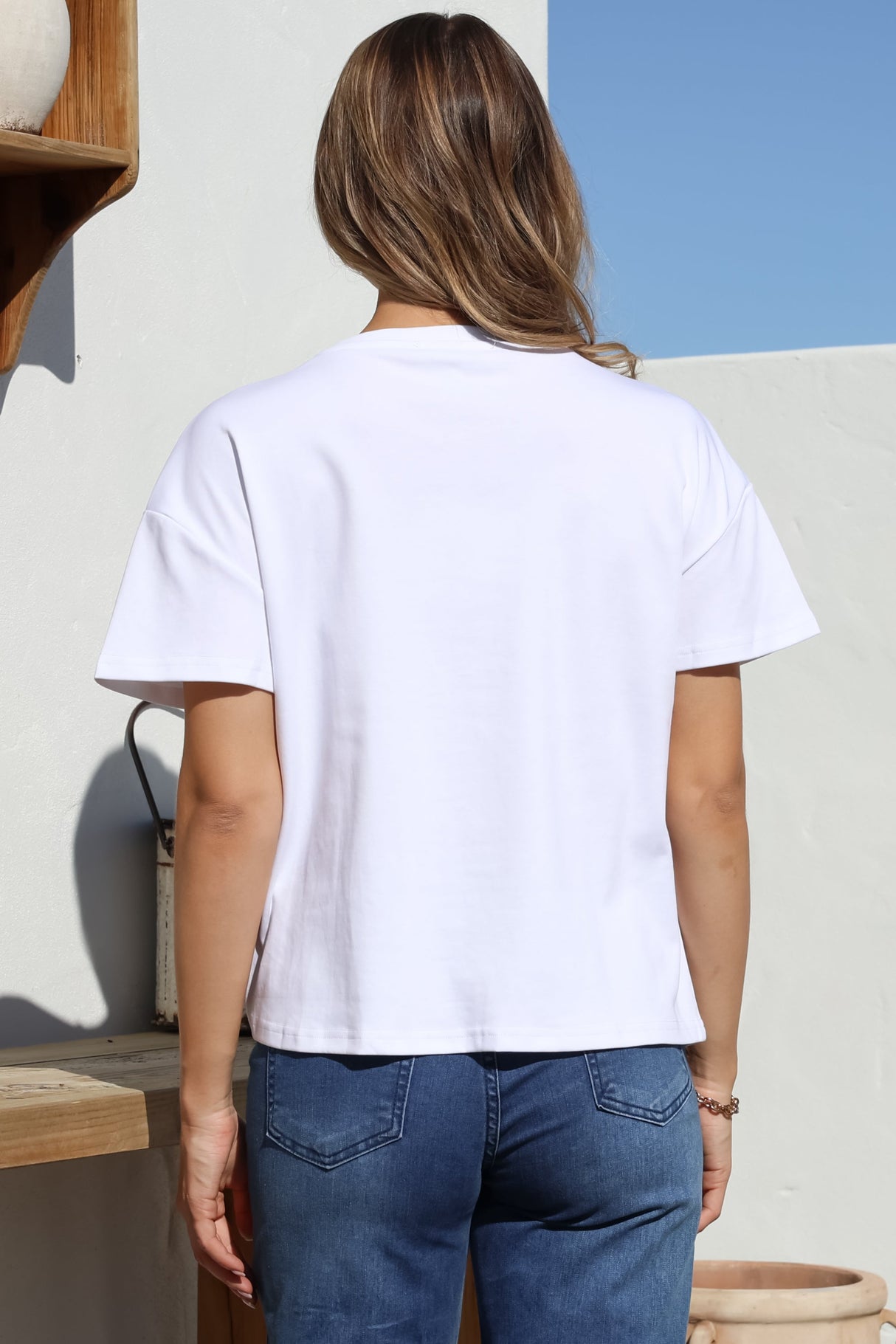 Tuck T-Shirt - Round Neckline Cotton Tee with Gathered Front Detail in White