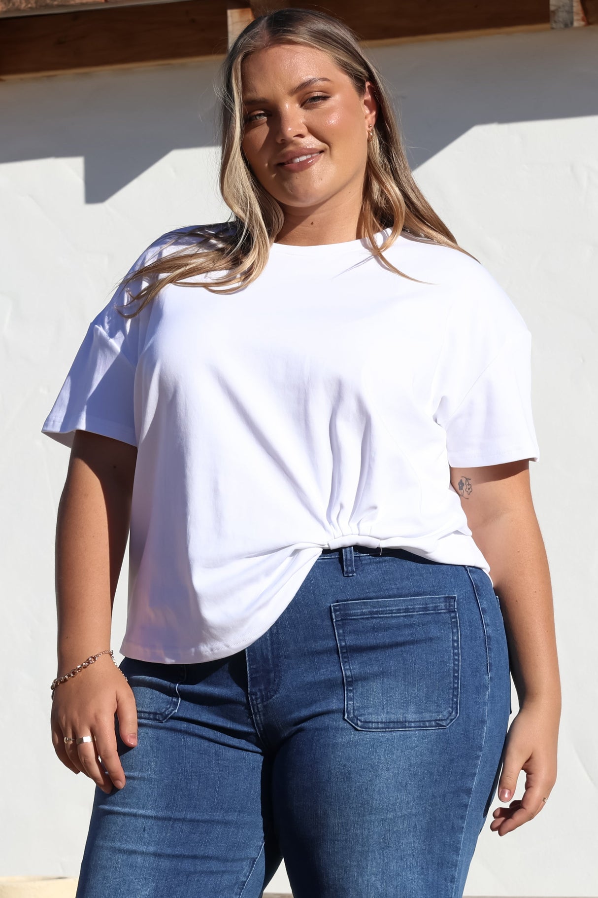 Tuck T-Shirt - Round Neckline Cotton Tee with Gathered Front Detail in White
