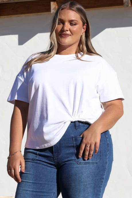Tuck T-Shirt - Round Neckline Cotton Tee with Gathered Front Detail in White
