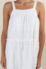 Tulip Midi Dress - Tie Up Straps Broderie Anglaise Tiered Dress in White