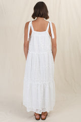 Tulip Midi Dress - Tie Up Straps Broderie Anglaise Tiered Dress in White