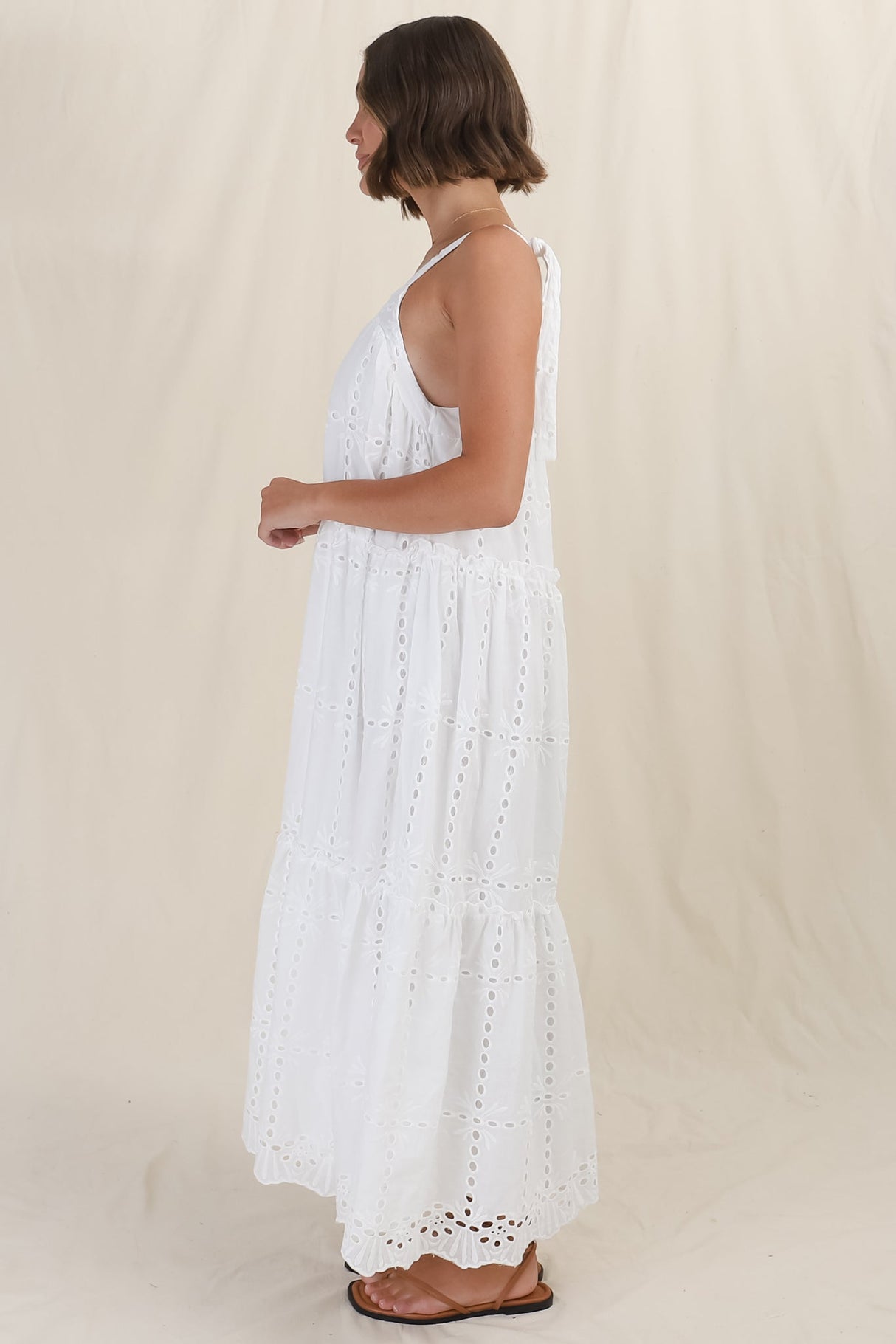 Tulip Midi Dress - Tie Up Straps Broderie Anglaise Tiered Dress in White