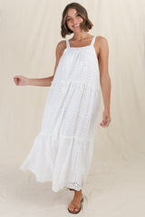 Tulip Midi Dress - Tie Up Straps Broderie Anglaise Tiered Dress in White