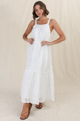 Tulip Midi Dress - Tie Up Straps Broderie Anglaise Tiered Dress in White