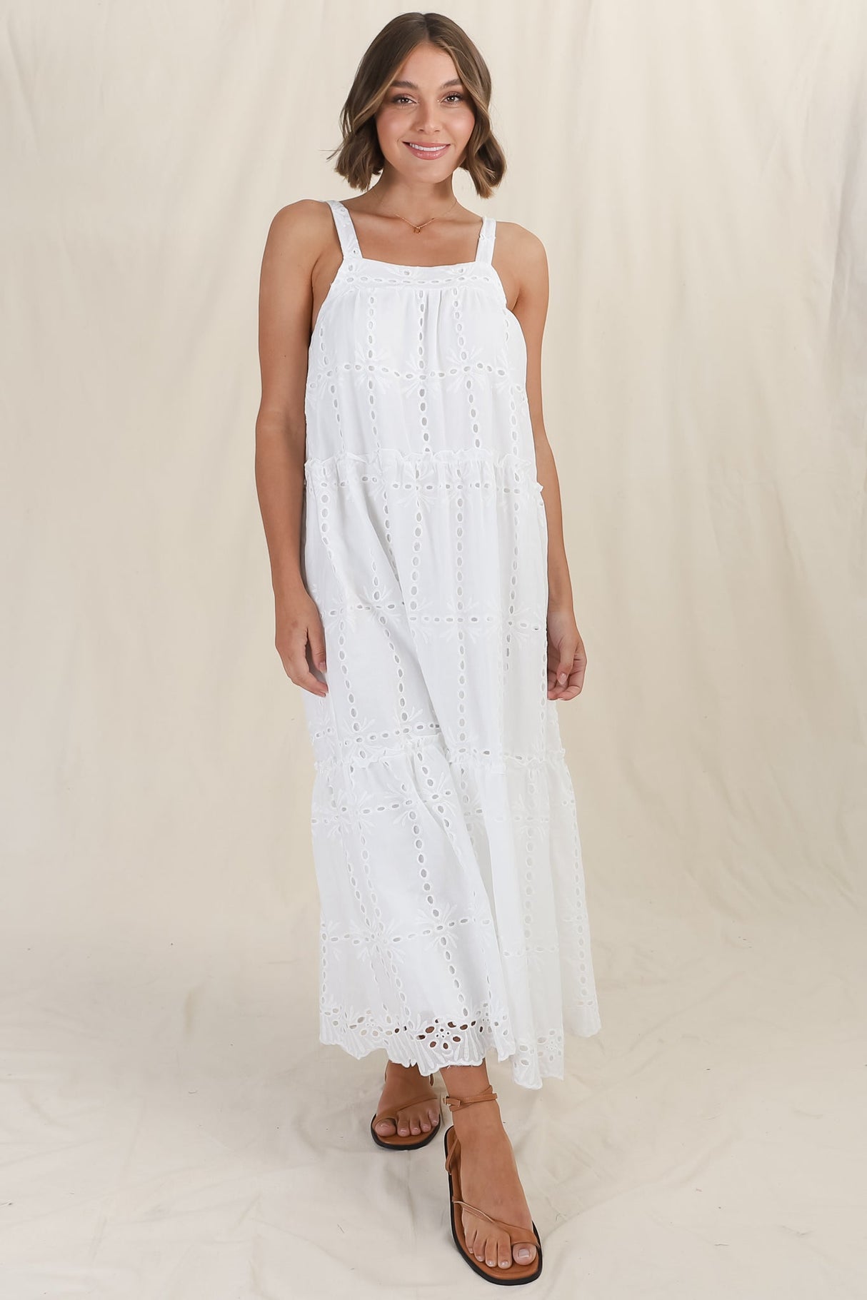 Tulip Midi Dress - Tie Up Straps Broderie Anglaise Tiered Dress in White