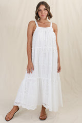 Tulip Midi Dress - Tie Up Straps Broderie Anglaise Tiered Dress in White