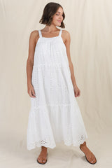 Tulip Midi Dress - Tie Up Straps Broderie Anglaise Tiered Dress in White