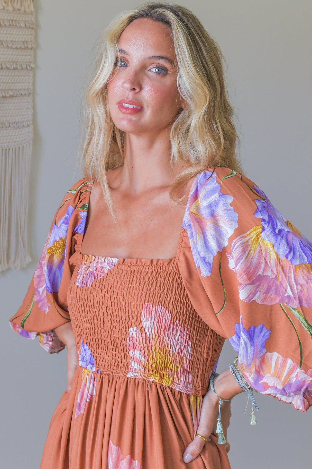 JAASE - Tulli Midi Dress: Shirred Bodice Balloon Sleeve Midi in Amara Bloom Print