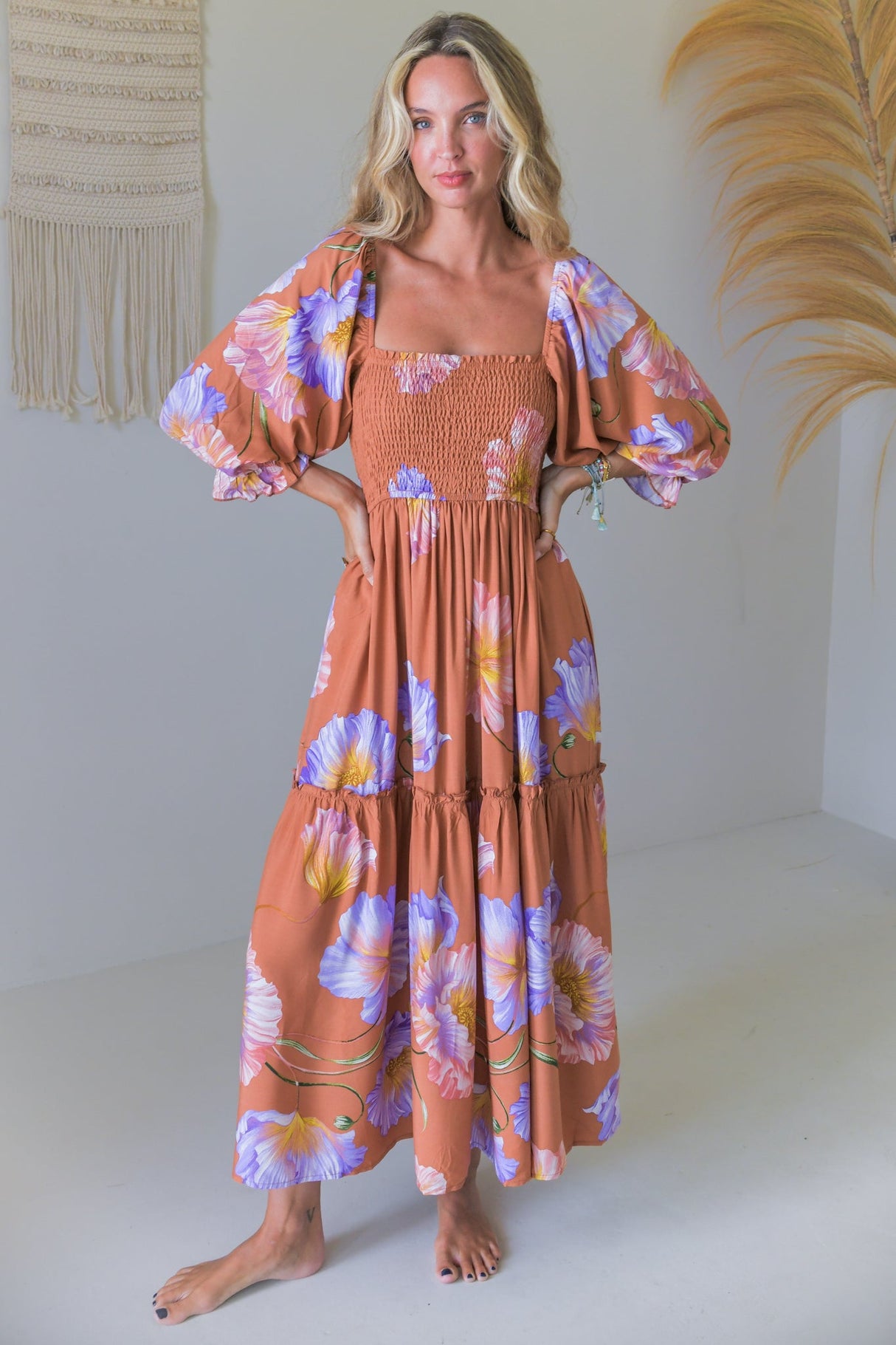 JAASE - Tulli Midi Dress: Shirred Bodice Balloon Sleeve Midi in Amara Bloom Print