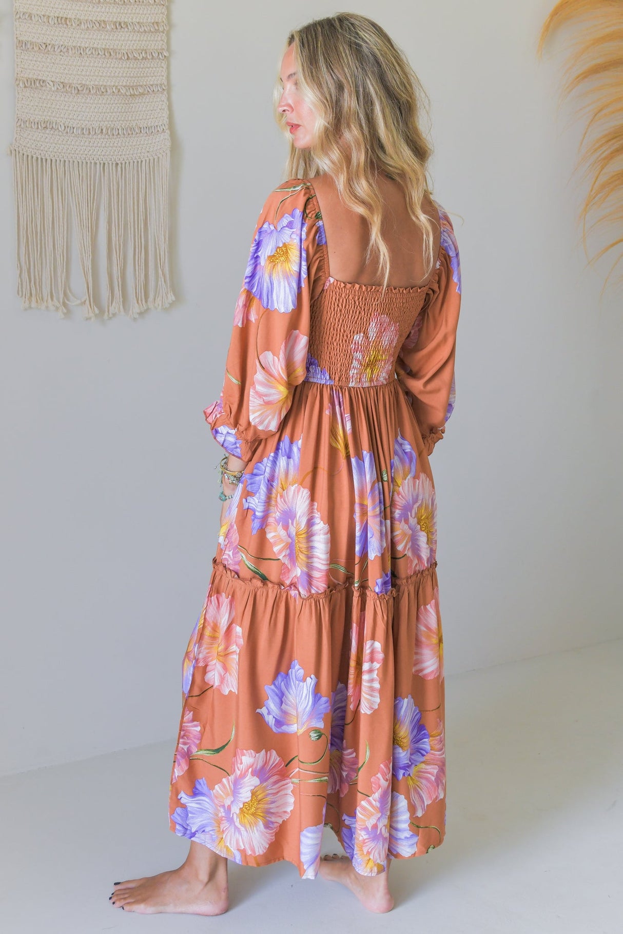 JAASE - Tulli Midi Dress: Shirred Bodice Balloon Sleeve Midi in Amara Bloom Print