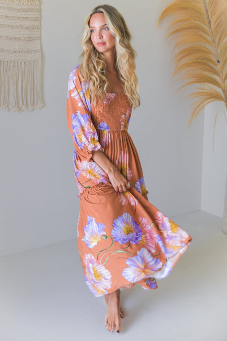 JAASE - Tulli Midi Dress: Shirred Bodice Balloon Sleeve Midi in Amara Bloom Print
