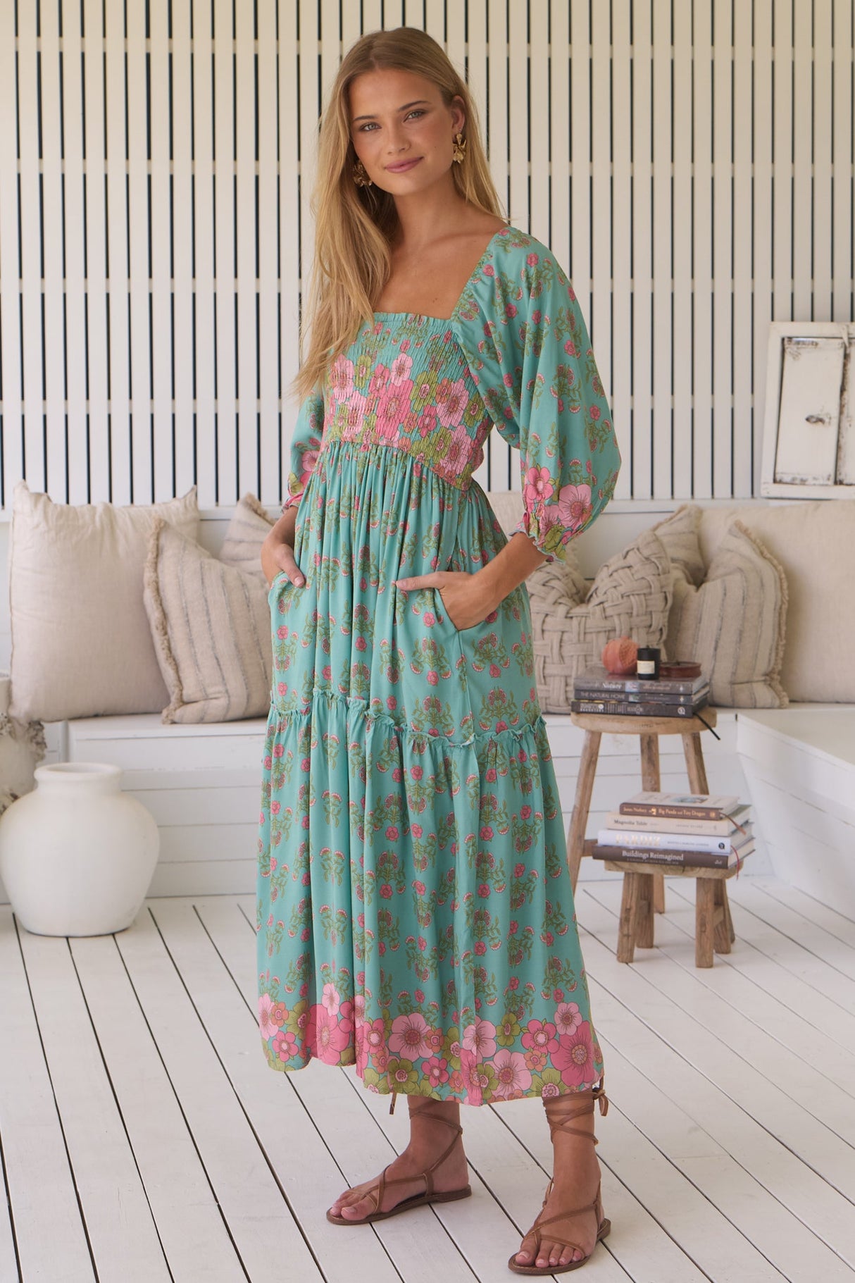 JAASE - Tulli Midi Dress: Shirred Bodice Balloon Sleeve Midi in Meadowland Print