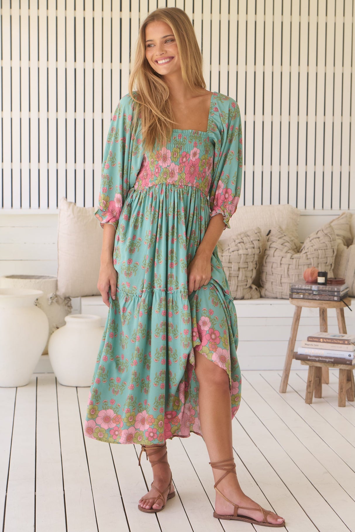 JAASE - Tulli Midi Dress: Shirred Bodice Balloon Sleeve Midi in Meadowland Print